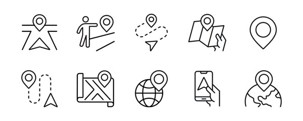 Map location pinpoint icon line set. Global navigation route direction to destination, gps, arrow, target marker, compass, marker, road guide journey navigator signs outline vector illustration