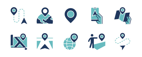 Map location global navigator icon set. Gps pinpoint navigation destination route guide, marker, direction, target arrow, trip, compass, geo location navigate pointer signs vector illustration