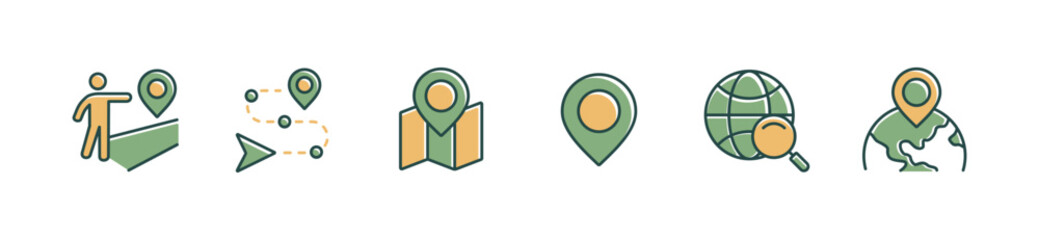 Set of pinpoint global marker position route navigation icons. Map location road path compass navigator to destination address travel arrow guide element signs vector illustration