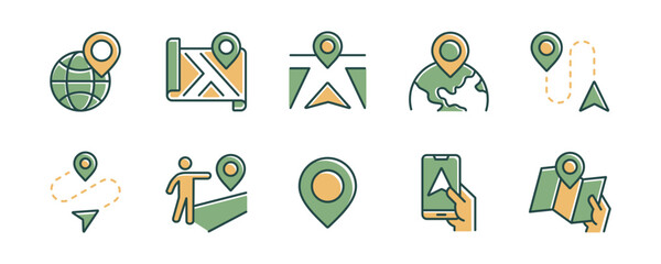 Collection of global navigation map pinpoint location icon set. Compass journey, navigate route direction, travel marker position, destination arrow navigator signs vector illustration