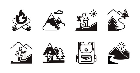 Survival adventure mountain outdoor hiking icon unique style set. Landscape nature exploration trekking wilderness and forest journey signs line vector illustration