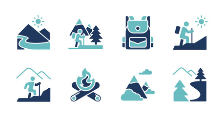 Nature outdoor wilderness mountain hiking icon set landscape adventure forest and mountain exploration, campfire, backpack, people, hikers, trail, summit journey signs vector illustration