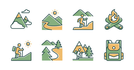 Mountain hiking outdoor adventure icon set. Landscape and forest wilderness trekking journey nature camping, campfire, summit, backpack, people, hikers, trail symbol vector illustration