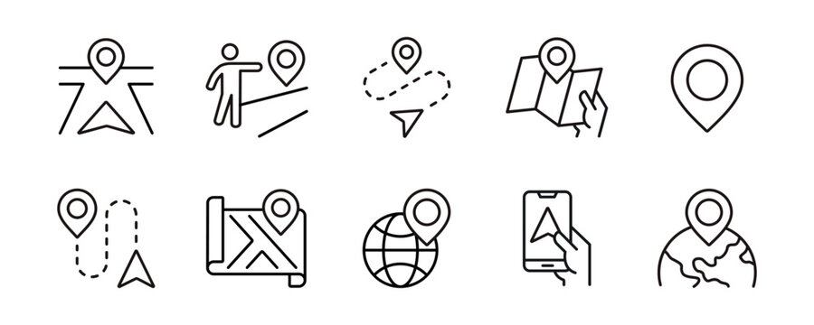 Map location pinpoint icon line set. Global navigation route direction to destination, gps, arrow, target marker, compass, marker, road guide journey navigator signs outline vector illustration