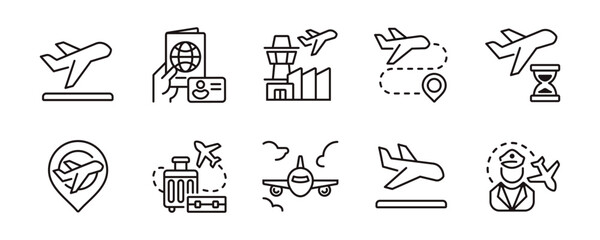 Global travel airplane flight icon line set. Airport plane aviation, immigration, pilot, passport, travel, departure, arrival, boarding, visa transport business outline symbol vector illustration