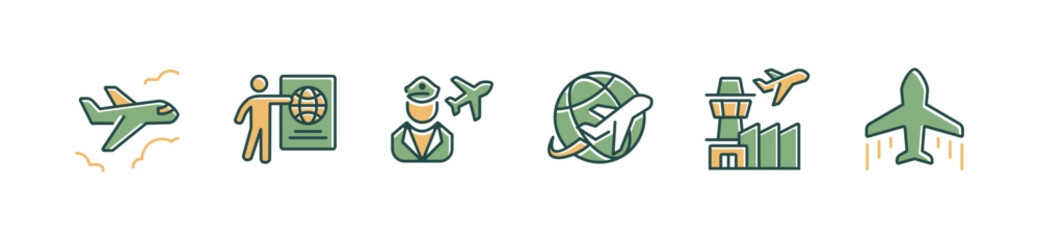 Airplane global transportation icon set airport international immigration travel plane flight, passport, pilot, flight journey signs vector illustration