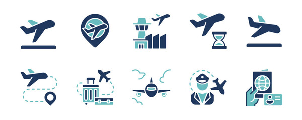 Global transportation airplane aviation icon set. Airport plane flight transport, passport, immigration, travel, pilot, departure, arrival, flight delay, air journey