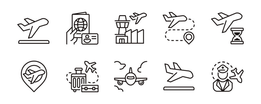 Global travel airplane flight icon line set. Airport plane aviation, immigration, pilot, passport, travel, departure, arrival, boarding, visa transport business outline symbol vector illustration