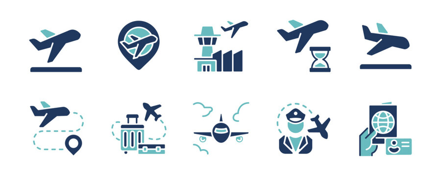 Global transportation airplane aviation icon set. Airport plane flight transport, passport, immigration, travel, pilot, departure, arrival, flight delay, air journey
