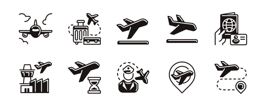 Collection of airport international flight icon unique style set. Airplane, pilot, passport, aviation, immigration, departure, arrival, visa, global transport business signs vector illustration