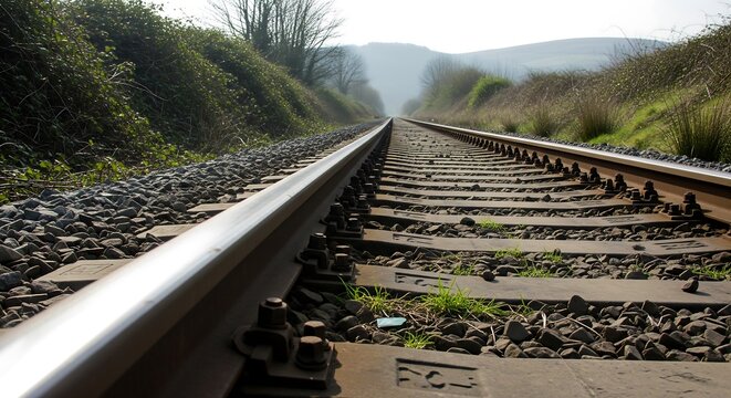 Low-angle view of a straight railway track flanked by greenery.