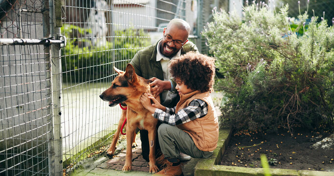Animal shelter, happy and dad with child with dog outdoor for adoption, foster care and bonding. Kennel, sanctuary and man with kid exited with German Shepard for rescue, pet ownership and welfare - Powered by Adobe