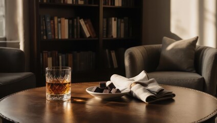 Cozy interior with a drink, snacks, and a bookshelf.