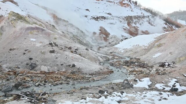 4K Steaming sulfur vents in Jigokudani Hell Valley, Hokkaido winter