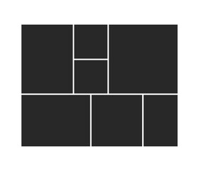 A seven-frame photo collage template featuring a large square area a vertical stack and three aligned bottom squares.