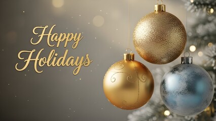 Happy Holidays festive greeting with golden and silver ornaments