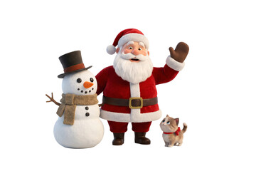 3D Render of Santa Claus Waving Hand with Snowman and Cute Kitten on Isolated Transparent Background