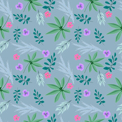 A seamless, vibrant retro floral pattern. Pink and lilac flowers on a gray-blue background.