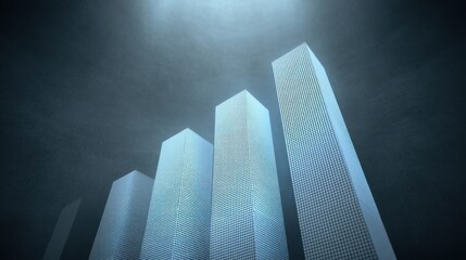 Abstract representation of modern architectural skyscrapers with illuminated surfaces against a soft gray background conveying urban growth and financial success
