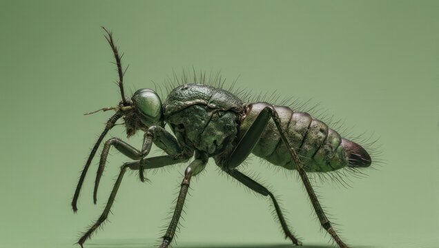 Close-up of a Black Fly on a Green Background.
