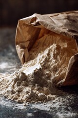 Flour bag tipped open with pale flour spilling onto scratched charcoal wood &mdash; close-up still life highlighting textured granules and paper folds