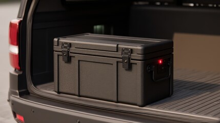 Black Briefcase in Open Trunk of Armored Vehicle with Biometric Locking System