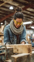 Female woodworker sanding a rough plank in a busy workshop, manufacture wood artisan inspecting wood grain wearing safety glasses