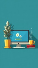 Minimal flat-vector workspace with desktop monitor showing update gears and loading progress bar, plant and mug on teal background