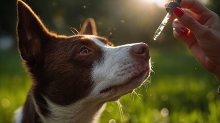 dog receiving oral supplement from dropper at sunset &mdash; pet care administration for dogs, oil dosage and treatment