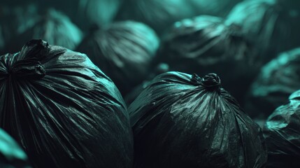hyperreal close-up of stacked black bin liners and knotted trash sacks with teal rim light and dramatic side lighting, cinematic detail