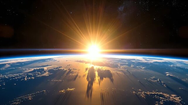 Brilliant Golden Sunrise Over Earth From Space With Stars Glow and Blue Atmosphere Detailed City Lights Cinematic View