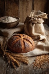 flour bag and rustic linen sack with ceramic bowl, sourdough loaf, wheat stalks and grains on wooden table for bakery use