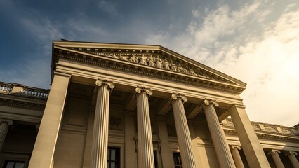 Obraz premium Grand Classical Building Facade with Imposing Columns and Pediment against Dramatic Sunset Sky