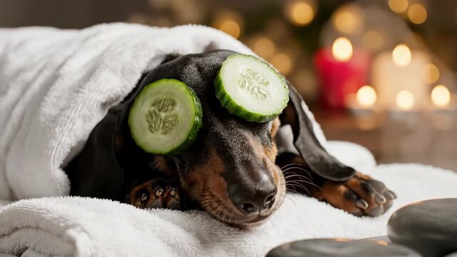 A dachshund rests cucumber slices on its eyes wrapped in a white towel near hot stones with candle lights in the background