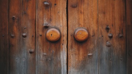 Rustic wooden door with round knobs, showcasing natural textures and rich tones, perfect for interior design, architecture, or home decor projects