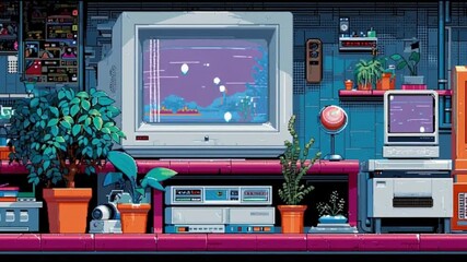 A playful 8-bit inspired animation featuring bouncing pixel objects inside a stylized gaming room with neon décor. Ideal for gaming content, retro intros, pixel art projects, and nostalgic visuals - Powered by Adobe