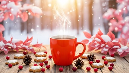 A cozy winter morning with a red mug of hot drink and cookies on a snowy wooden table