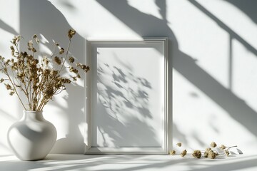 White frame, vase, and dried flowers arranged on a table with window shadows, providing a beautiful wall mockup.