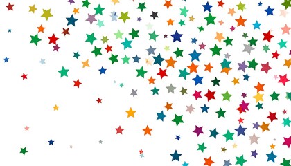 Assorted colorful stars scatter across a clean white background, creating a festive display