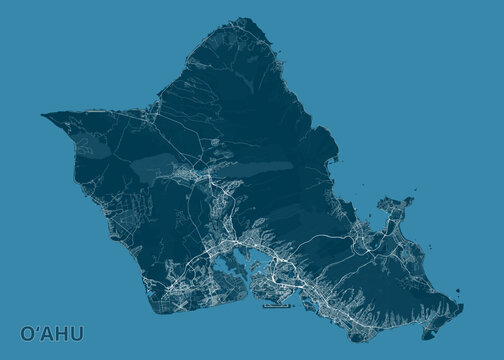 map of O'ahu Island, Hawaii, rendered in shades of blue. The island's shape is clearly defined against a solid blue background. White lines represent roads and pathways across the island