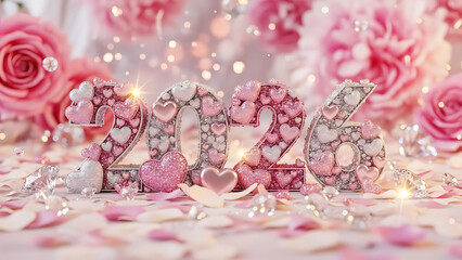 Romantic Glitter 2026 Typography with Pink Roses, Hearts, Petals and Sparkling Lights
