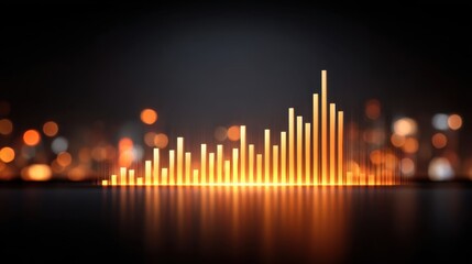 Abstract Digital Bar Graph with Glowing Orange and Yellow Lights over a Dark Background Representing Data Growth and Financial Success