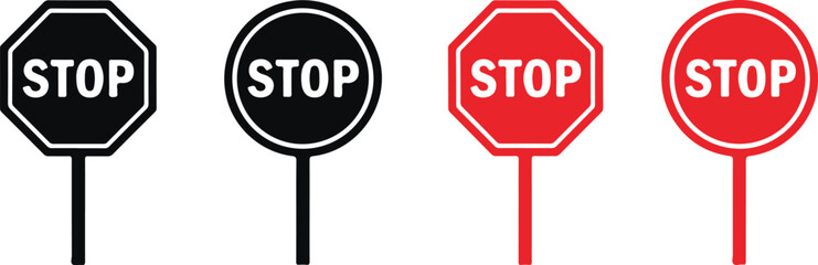 Black and Red Stop Signs on Poles Isolated on White Background traffic road