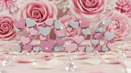 Romantic Glitter 2026 New Year Typography with Pink Roses and Sparkling Hearts