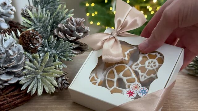 Hand placing christmas gingerbread cookies gift box