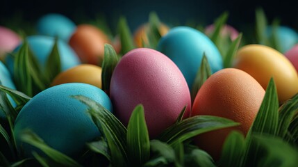 Colorful Easter eggs nestled in lush green grass, creating a vibrant and festive scene. A beautiful close-up of dyed eggs, celebrating the season's joy and renewal