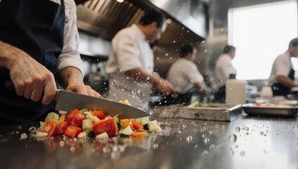 Chefs hands expertly dicing fresh vegetables in a bustling professional kitchen environment.