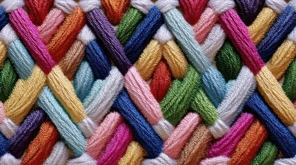 Tightly woven colorful thread tapestry forming interlocked diamond lattice section shaded differently to symbolize shared diversity Ultra-detailed fibers