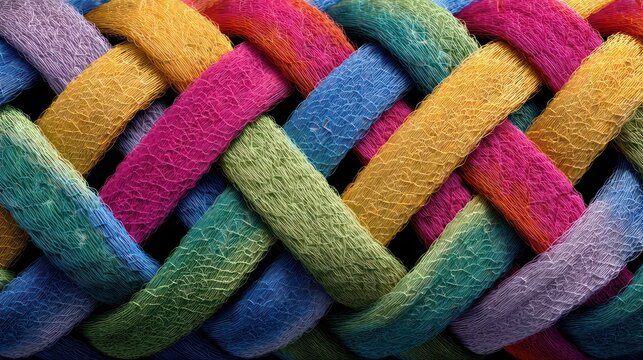 Tightly woven colorful thread tapestry forming interlocked diamond lattice section shaded differently to symbolize shared diversity Ultra-detailed fibers