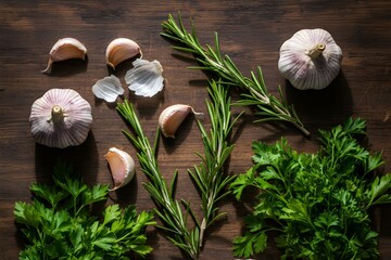 Whole Garlic Bulbs and Fresh Herbs on Dark Rustic Wood